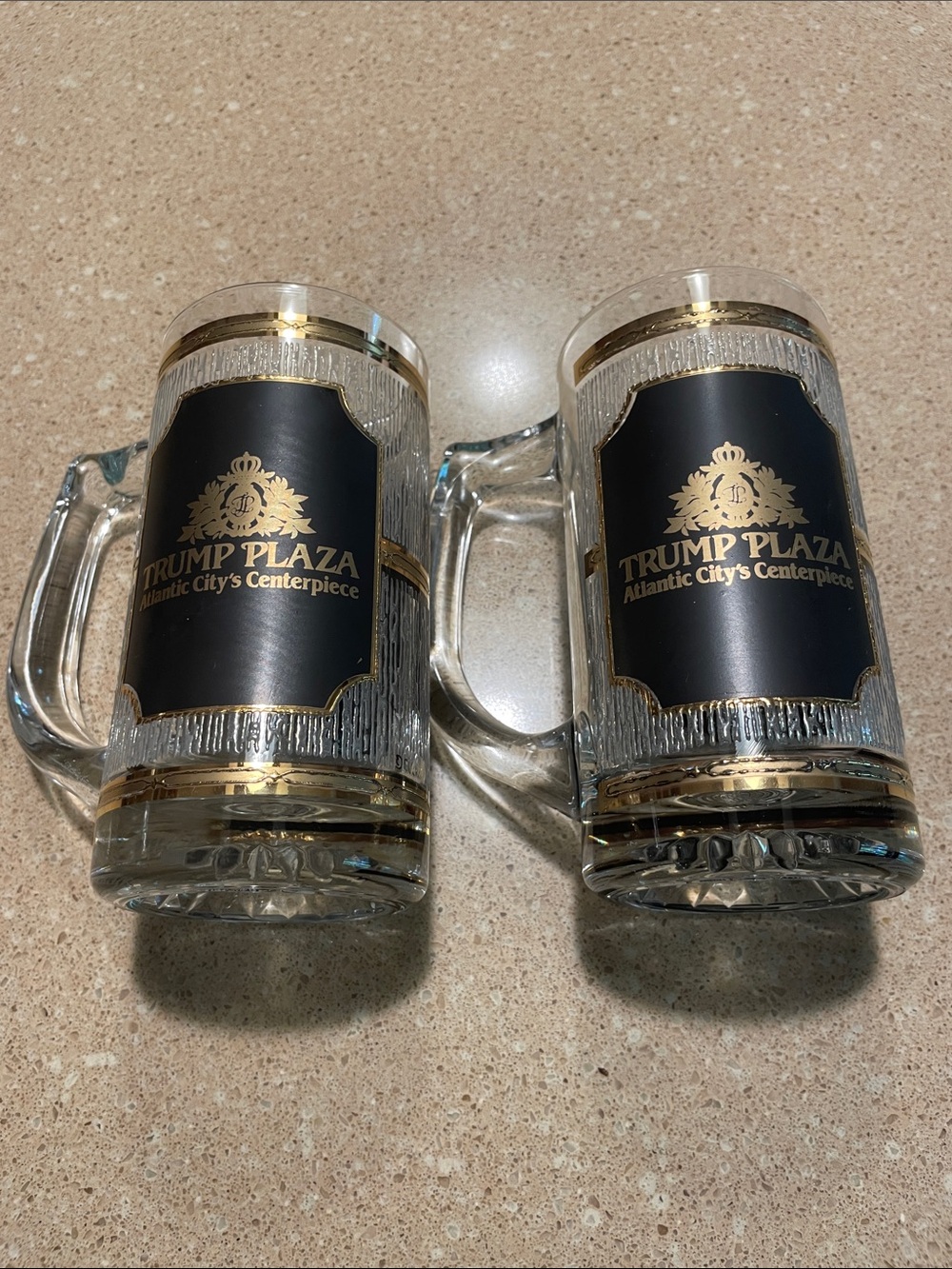 Trump Plaza Gold-Trim Glass Beer Mugs - Black Crest Design, Set of 2
